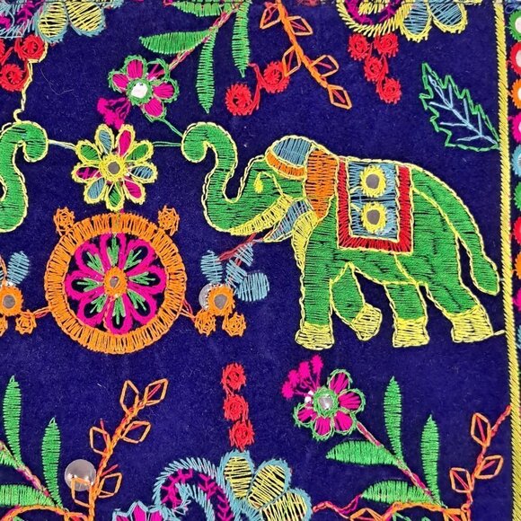 Navy Blue Clutch Bag Colorful Embroidery Elephants Floral Mirror Details NWOT - Picture 12 of 14